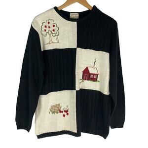 VTG Company Collection Apple Farm Ugly Sweater Women Size M Black Cream Tiles